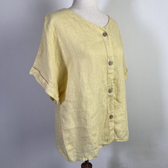 Yuvita NWT 100% Linen Top Yellow Women's Large Boho Button Front Short Sleeve - Picture 6 of 11